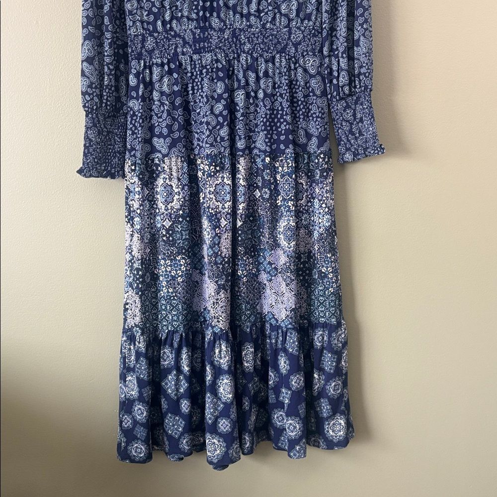 Michael Kors Multi-Print Bohemian Peasant Dress True Navy/Sea Green Sz M - Picture 8 of 8